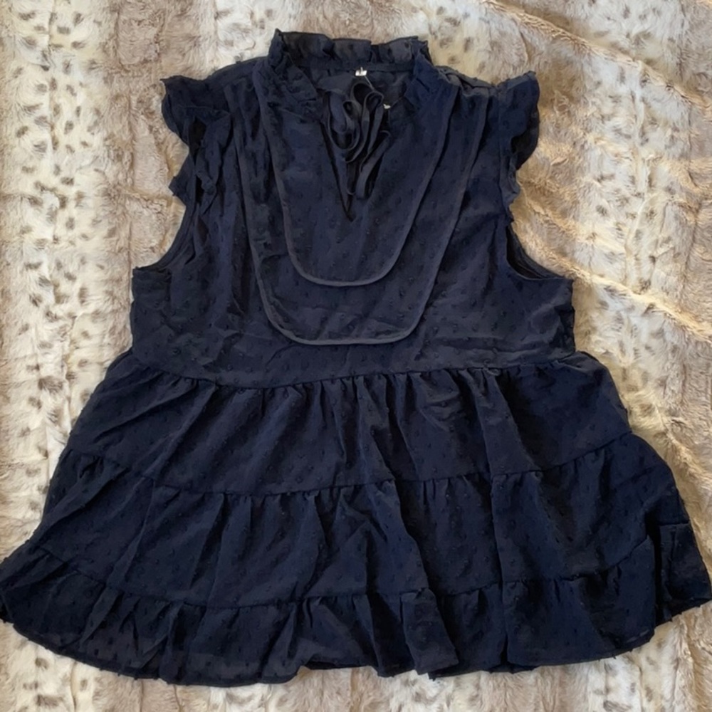 Dark Blue Swiss Dot Flutter Sleeve Top